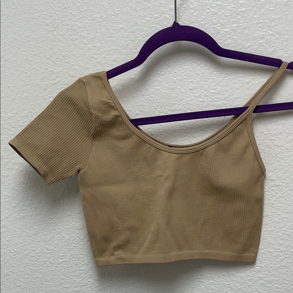 Zara Beige Ribbed One Sleeve Crop Top Medium Large